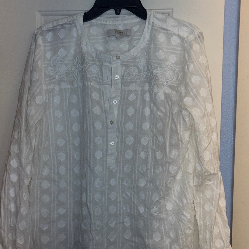 LOFT Ivory White textured Patterned Blouse L - Picture 2 of 5
